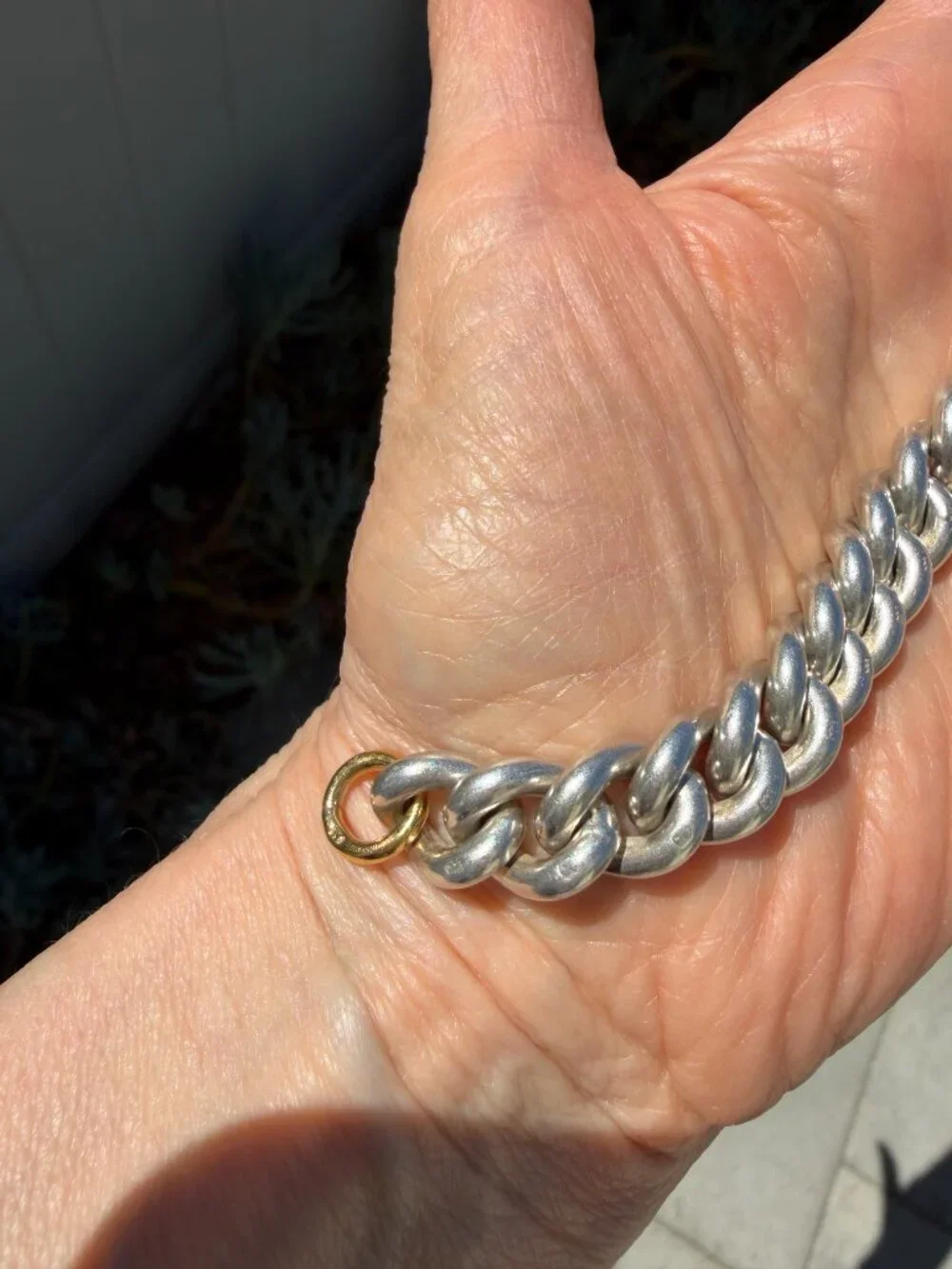 Chunky antique sterling silver curb chain bracelet with XL gold dog clip, 6.5